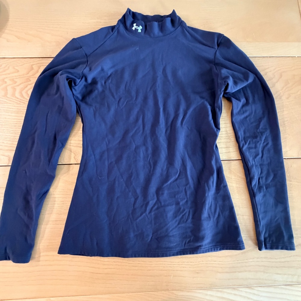 Under Armour Long Sleeve Mock Neck Shirt Women Small Navy Black Stretch Gorpcore